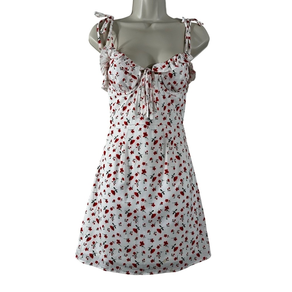 Oh Polly White Red Floral Mini Dress Tie Strap Smocked Back Sweetheart US 2